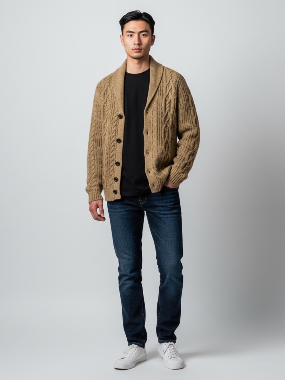 Men's Shawl Collar Cable Knit Cardigan Sweater - Tan - alpaca blend men’s large